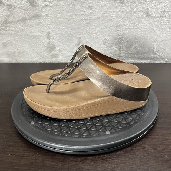 Fitflop Womens Size 6 Fino Toe-Post Flip Flops Bronze Glitter Studded Sandals - Picture 3 of 10